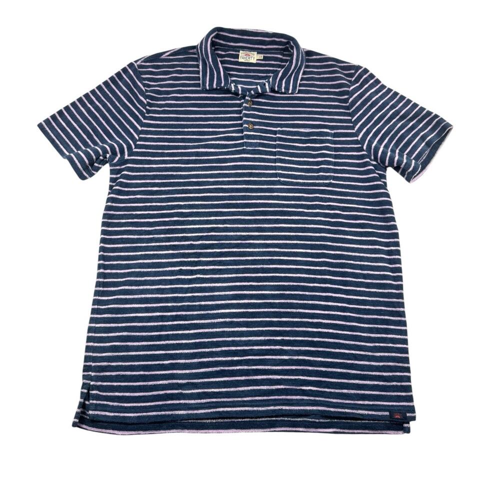 Faherty Cabana Surf Terry Cloth Polo Mens L Striped Blue Pink French Terry Golf